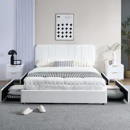 Vecelo - Queen Size Storage Bed Frame with 4 Drawers - Velvet Upholstered, Adjustable Headboard, 800lb Capacity, Noise Free - White