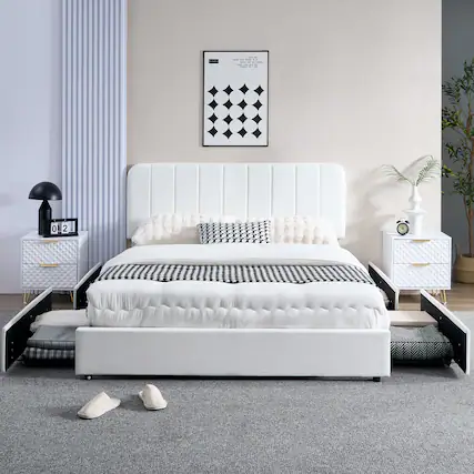 Front. Vecelo - Queen Size Storage Bed Frame with 4 Drawers - Velvet Upholstered, Adjustable Headboard, 800lb Capacity, Noise Free - White.