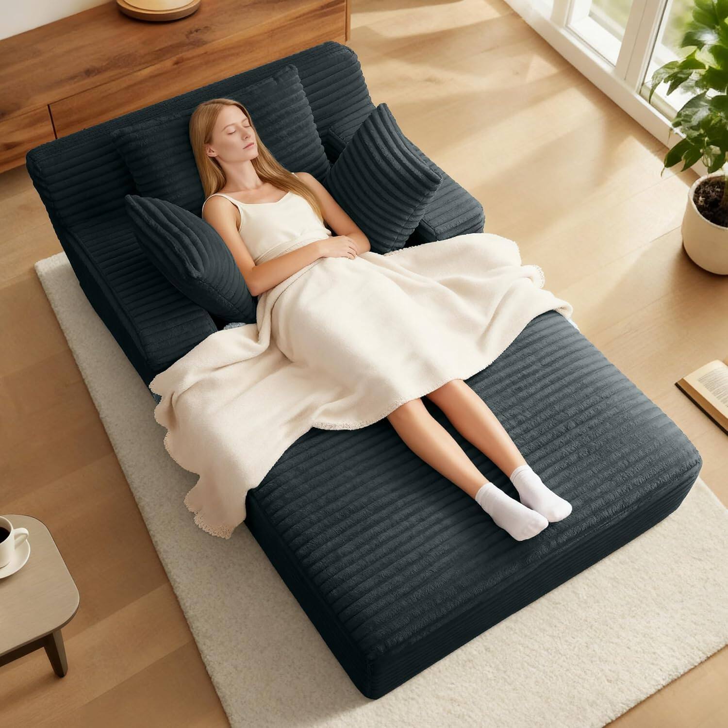 Front. Aukfa - 78.7" Corduroy Recliner Sofa Bed , No Assembly , Oversized Upholstered ,2 Pillows Chaise for Living Room & Bedroom - Dark Gray.