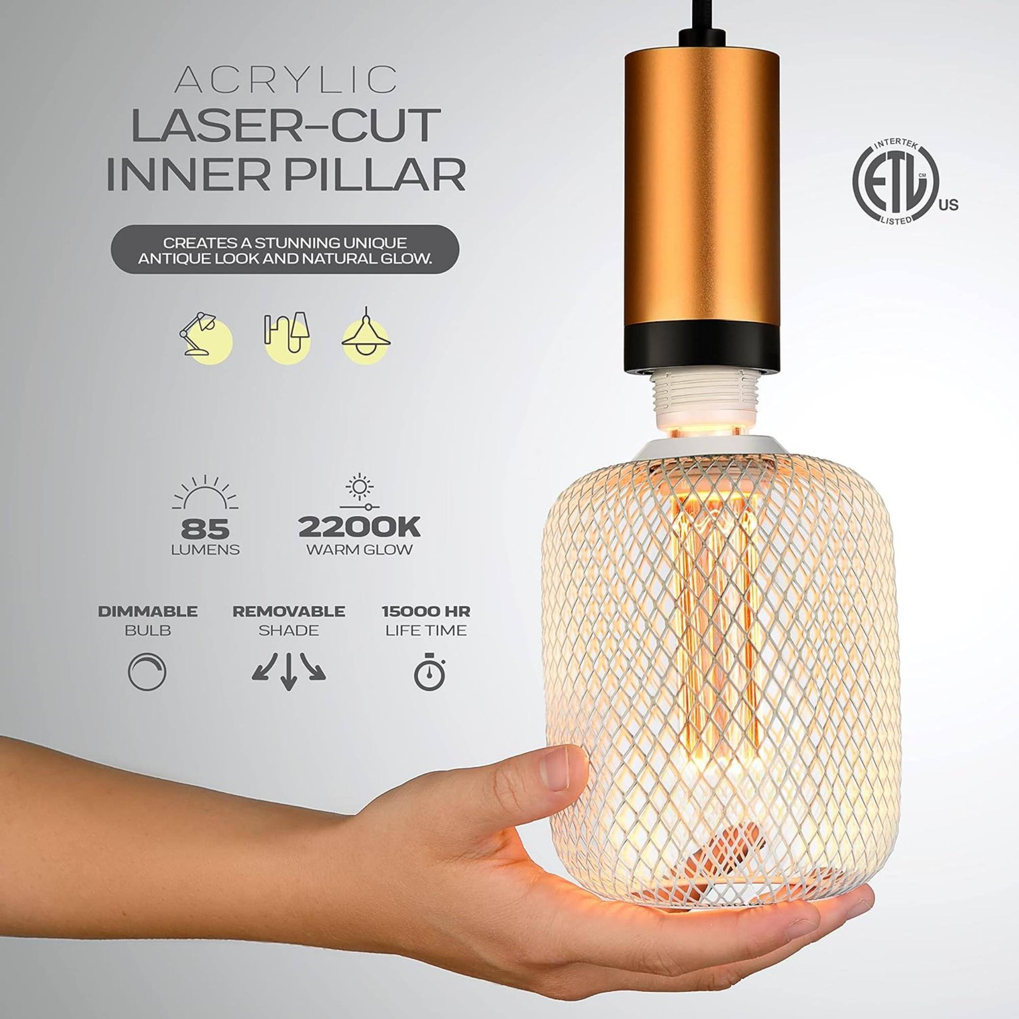 ACRYLIC LASER-CUT INNER PILLAR CREATES A STUNNING UNIQUE ANTIQUE LOOK AND NATURAL GLOW. INTERTEN ETL US LISTED 85 LUMENS 2200K WARM GLOW DIMMABLE REMOVABLE SHADE BULB 15000 HR LIFE TIME