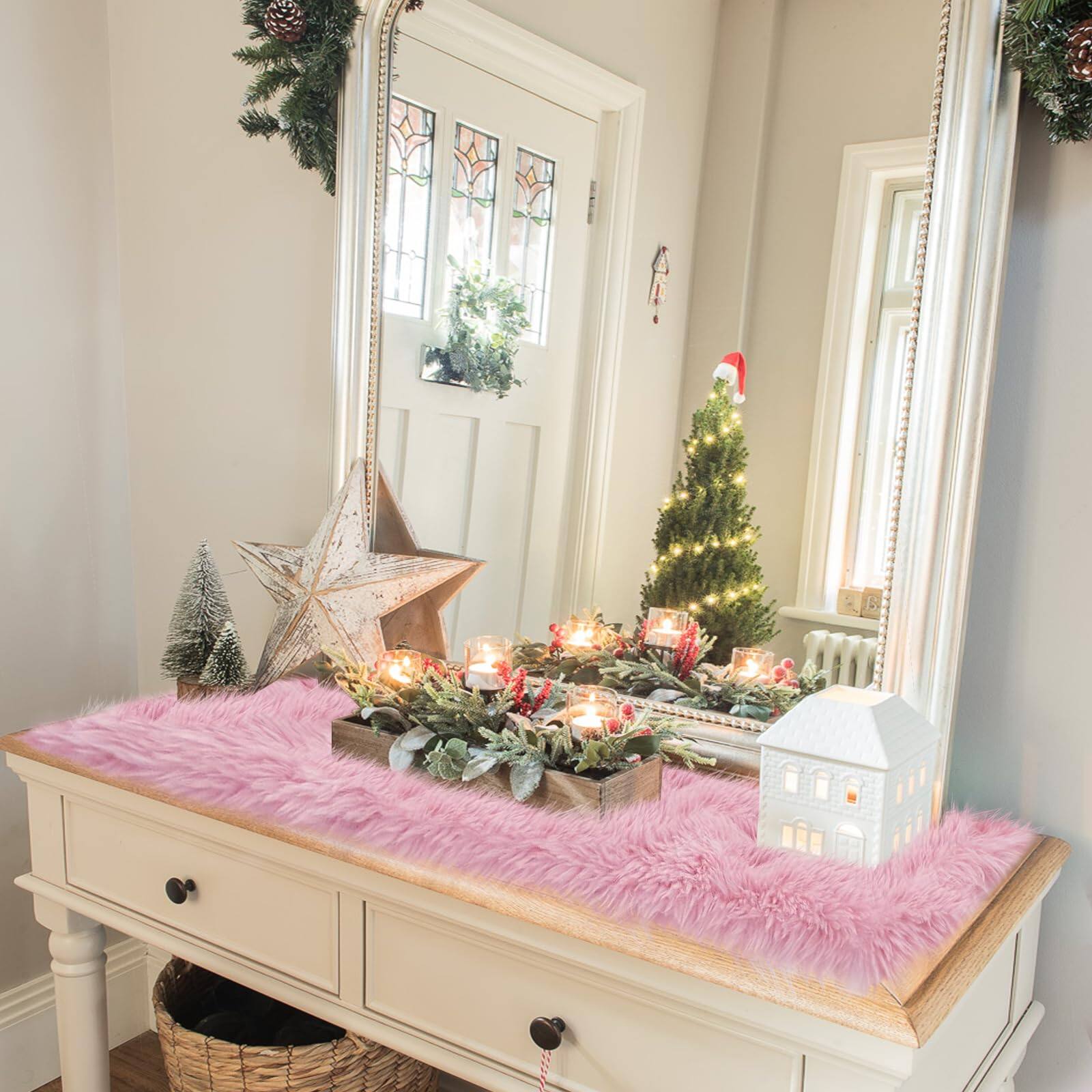 Alt View 3. Stylel Star - Pink Preppy Dresser Runner And Topper Cover 48 Inches  Girly Fluffy Faux Small Desk Decor For Home Decorations Coffee - White-72 inches.
