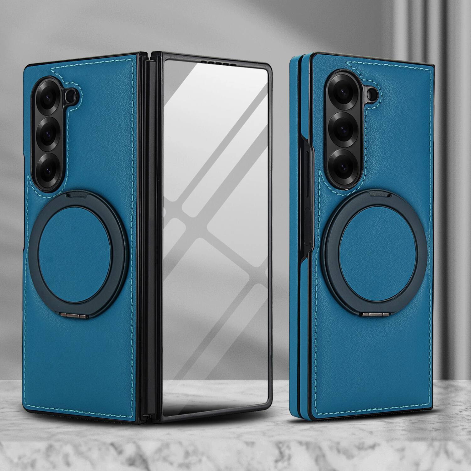 Alt View 3. Dteck - Magnetic Case for Samsung Galaxy Z Fold6 with Ring Kickstand,Built-in Screen Protector,Faux Leather Shockproof Cover - Blue.