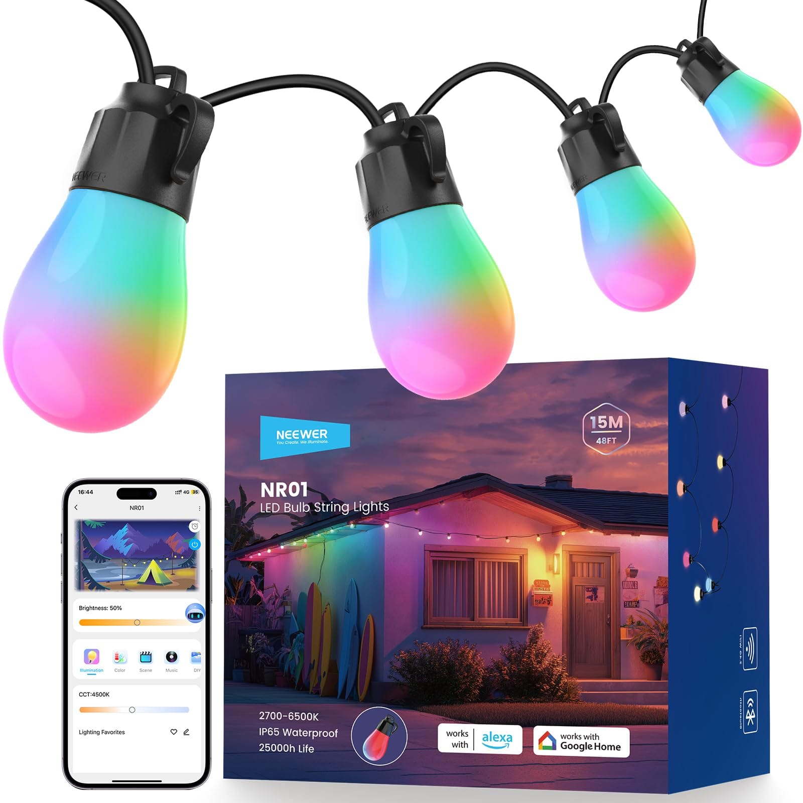 Neewer - 48ft Smart RGBW String Lights, App/AI Control, IP65, 15 Bulbs, NR01