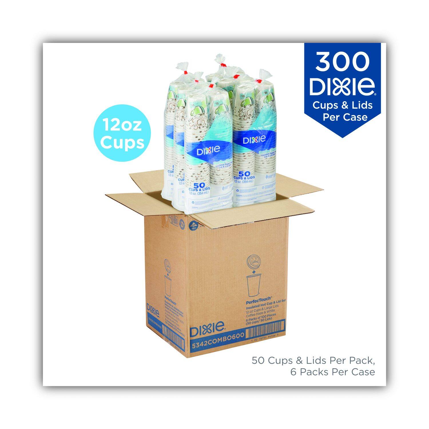 12oz Cups - DIXIE DIXIE - wOA 50 CUPS. Laes bur C al 50 CUP ALIS - 0 aLl 300 DIRIE. Cups & Lids Per Case proe PerfecTouch Mat T a L ser Intulatod ane cins Cues a - 4 BNG Ume H Ploced - - . Facks N LANO d0 - DI8IE. mTEE 5342COMBO600 - ParEY 50 Cups & Lids Per Pack, 6 Packs Per Case