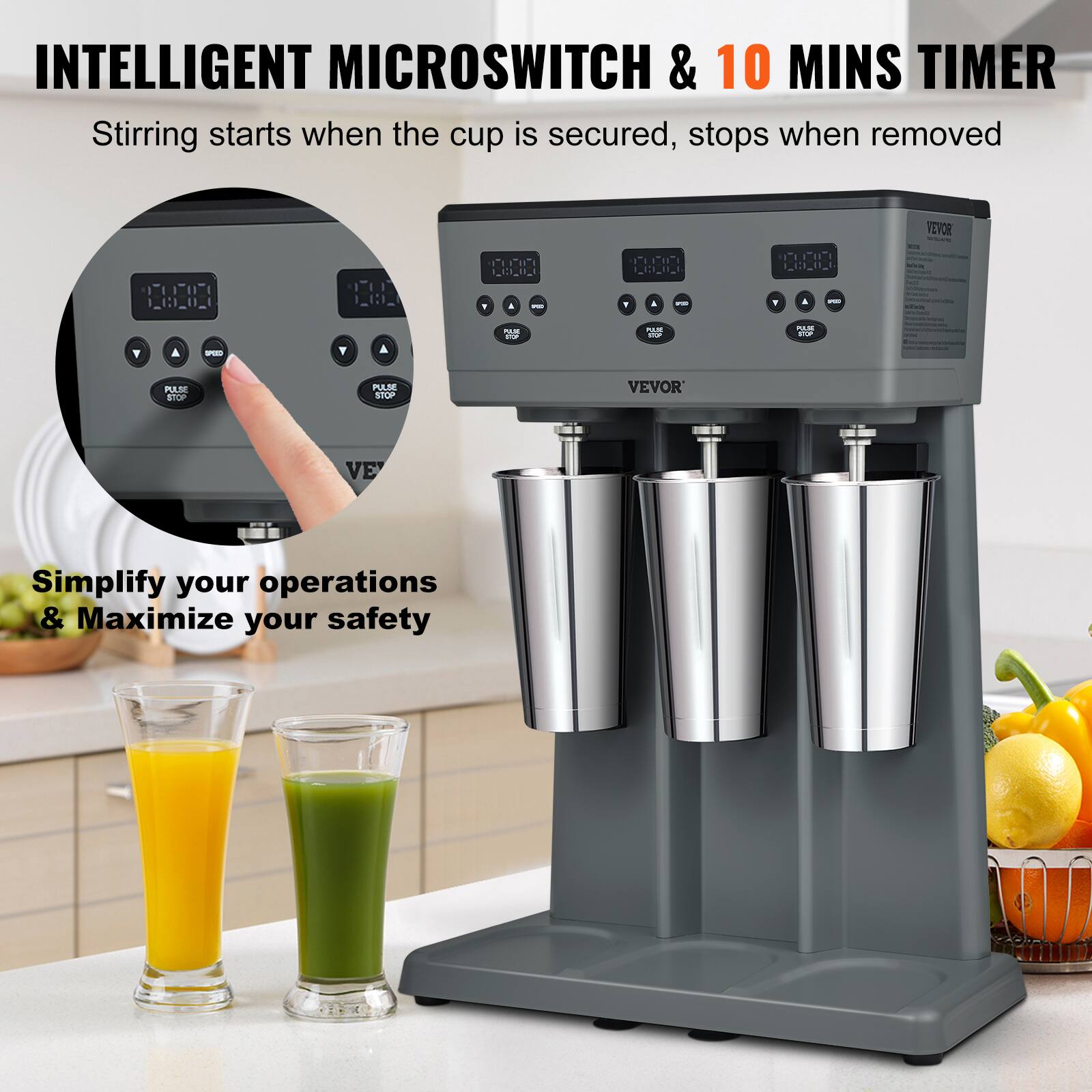 INTELLIGENT MICROSWITCH & 10 MINS TIMER  
Stirring starts when the cup is secured, stops when removed  

Simplify your operations & Maximize your safety