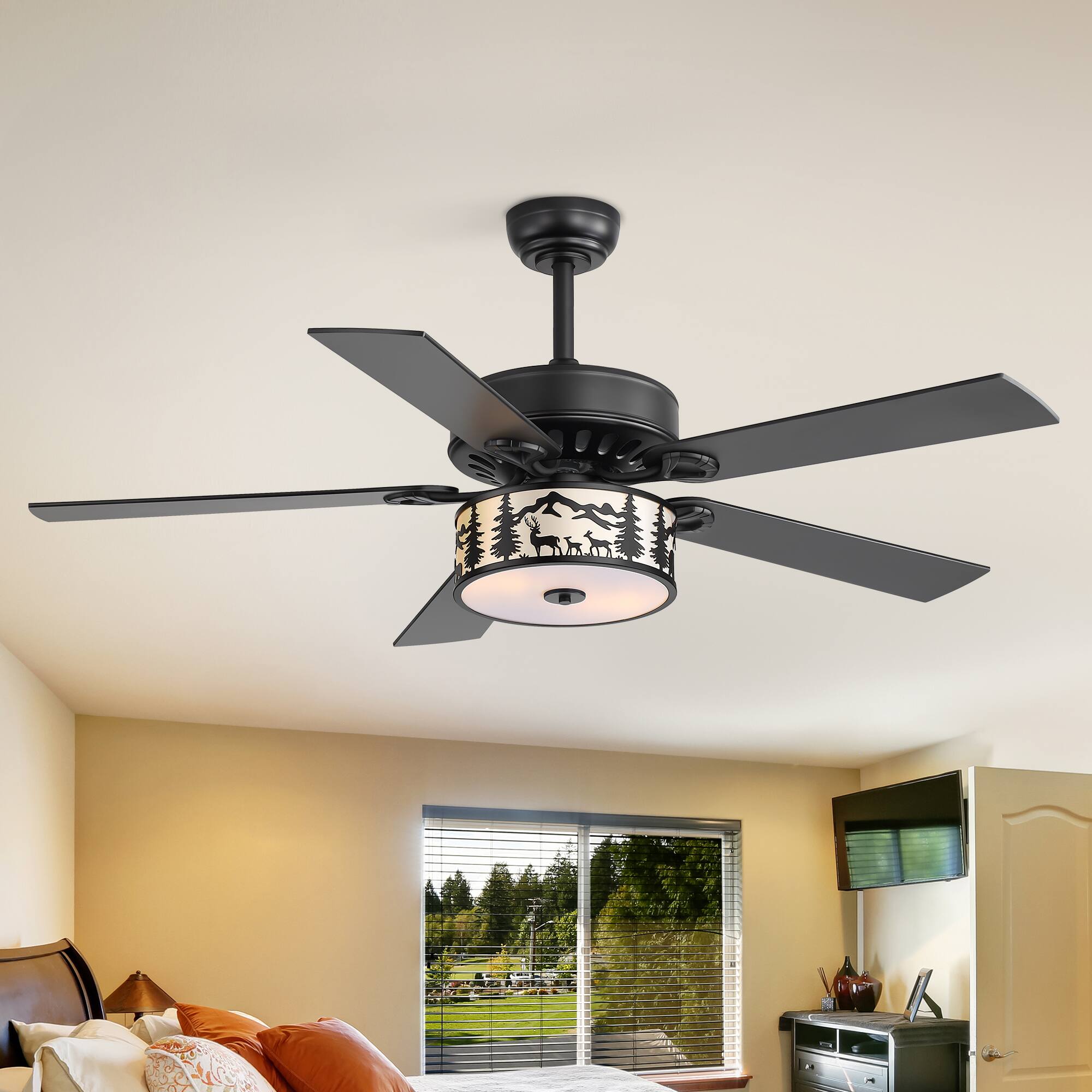 Left. Breezary - 52-Inch Ceiling Fan with Scenic Light Shade, 5 Blades, DC Motor, Remote Control, 6 Speeds, 5"&10"Downrod Mount - 52-inch Matte Black & Wood Grain.
