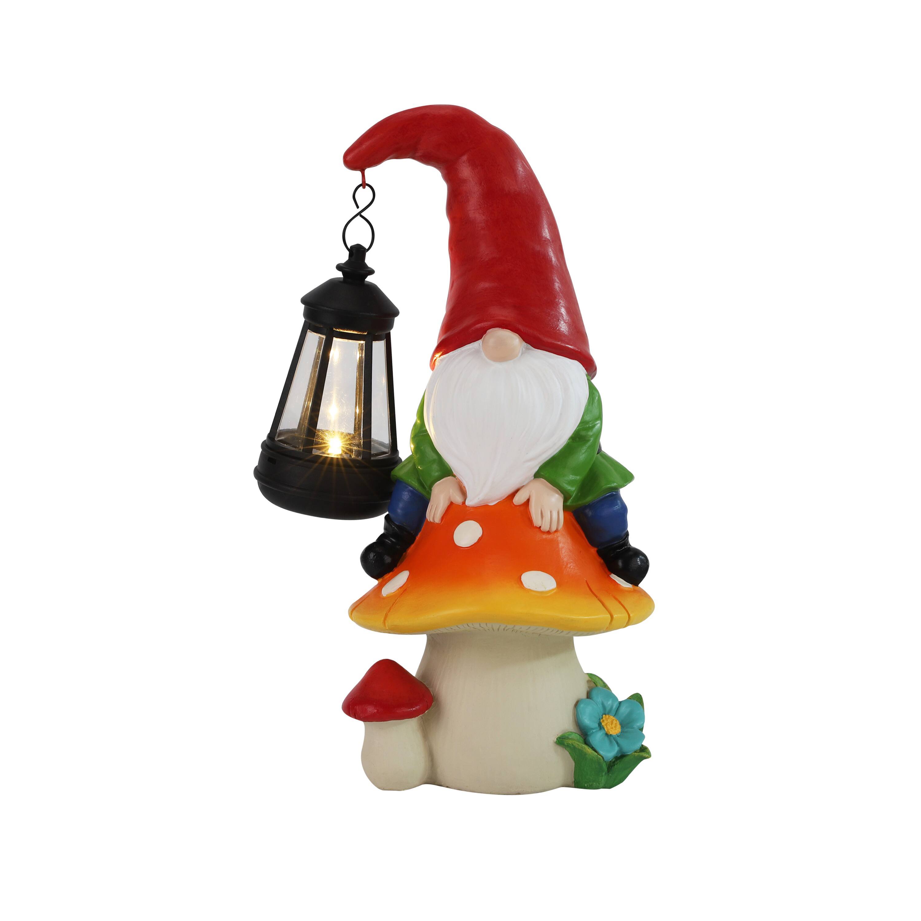 Front. Techko - Pip Mushcap Outdoor Solar Gnome Statue with Integrated LED Lantern.