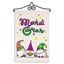 G128 - Combo Garden Flag Hanger 14in with 12x18in Double-Sided Burlap Garden Flag — Mardi Gras 3 Gnomes - Multicolor