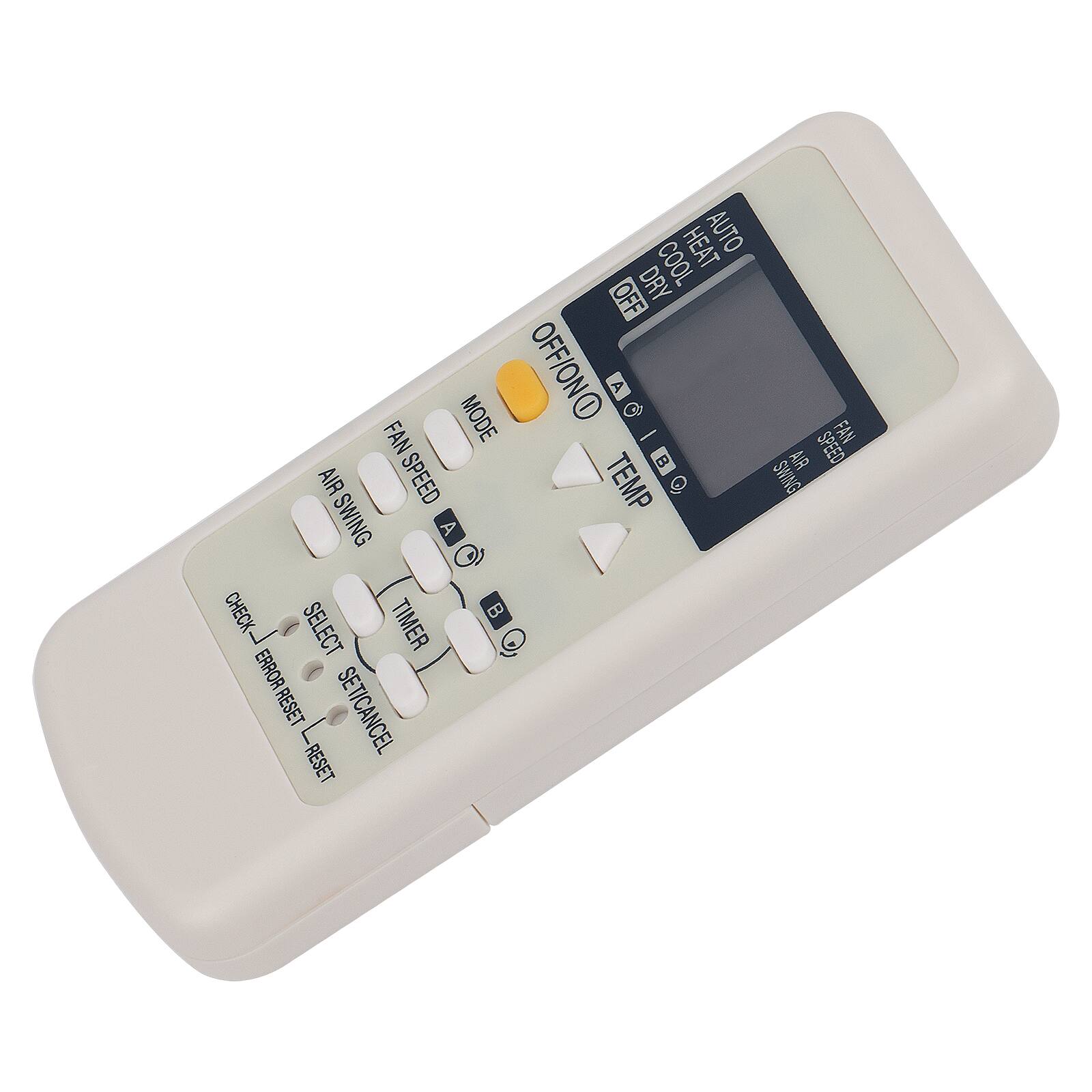 Sure, here is the corrected and grouped text from the image:

- **Mode:**
  - OFF
  - HEAT
  - COOL
  - DRY
  - AUTO

- **Fan Speed:**
  - A
  - B

- **Air Swing:**
  - A
  - B

- **Temperature:**
  - A
  - B

- **Buttons:**
  - FAN SPEED
  - MODE
  - OFF/ON
  - TEMP
  - TIMER
  - SELECT
  - SET/CANCEL
  - CHECK/ERROR RESET
  - RESET