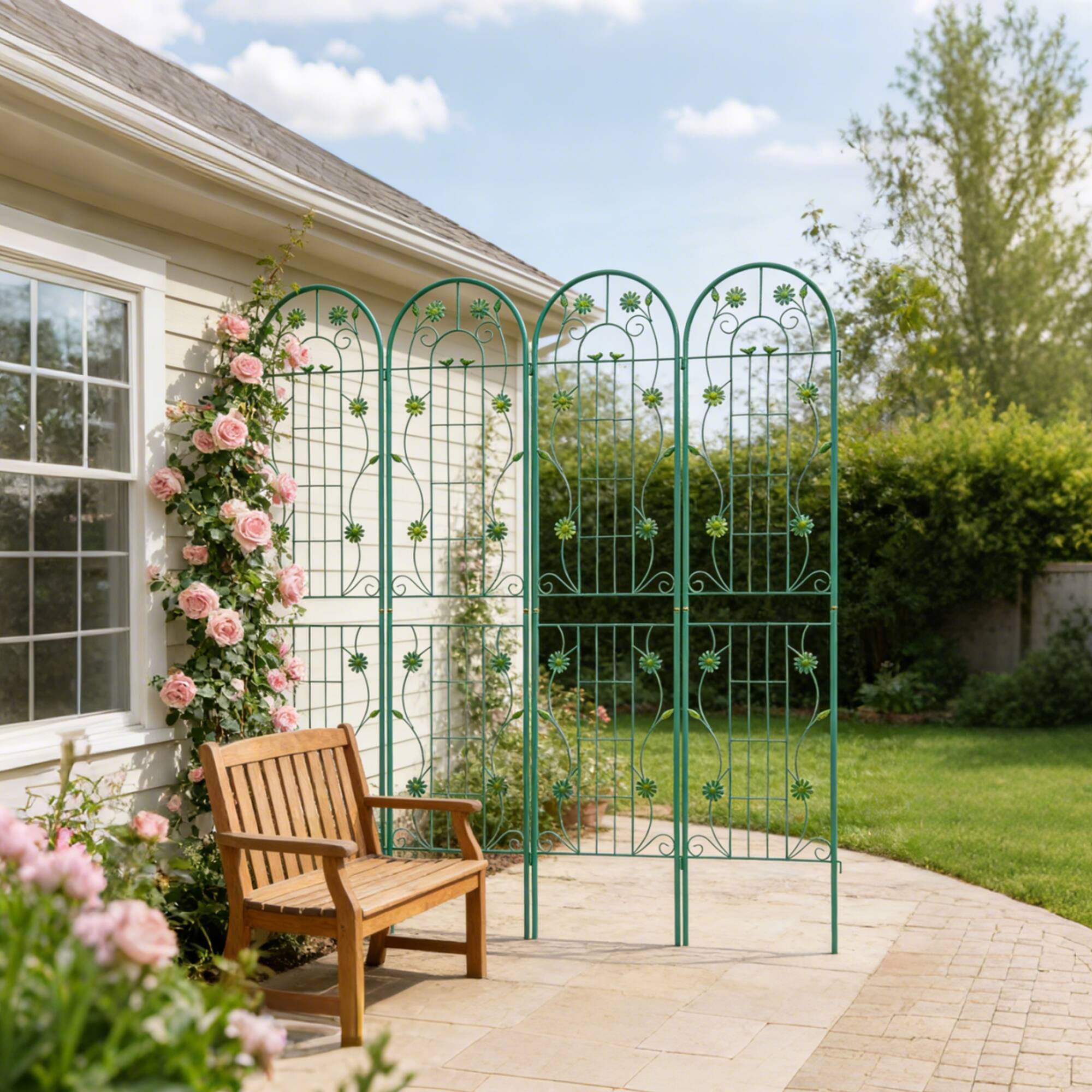 Back. Loheer - 4 Pack 7.2 ft x 1.6 ft Metal Garden Trellis for Climbing Plants - Green.