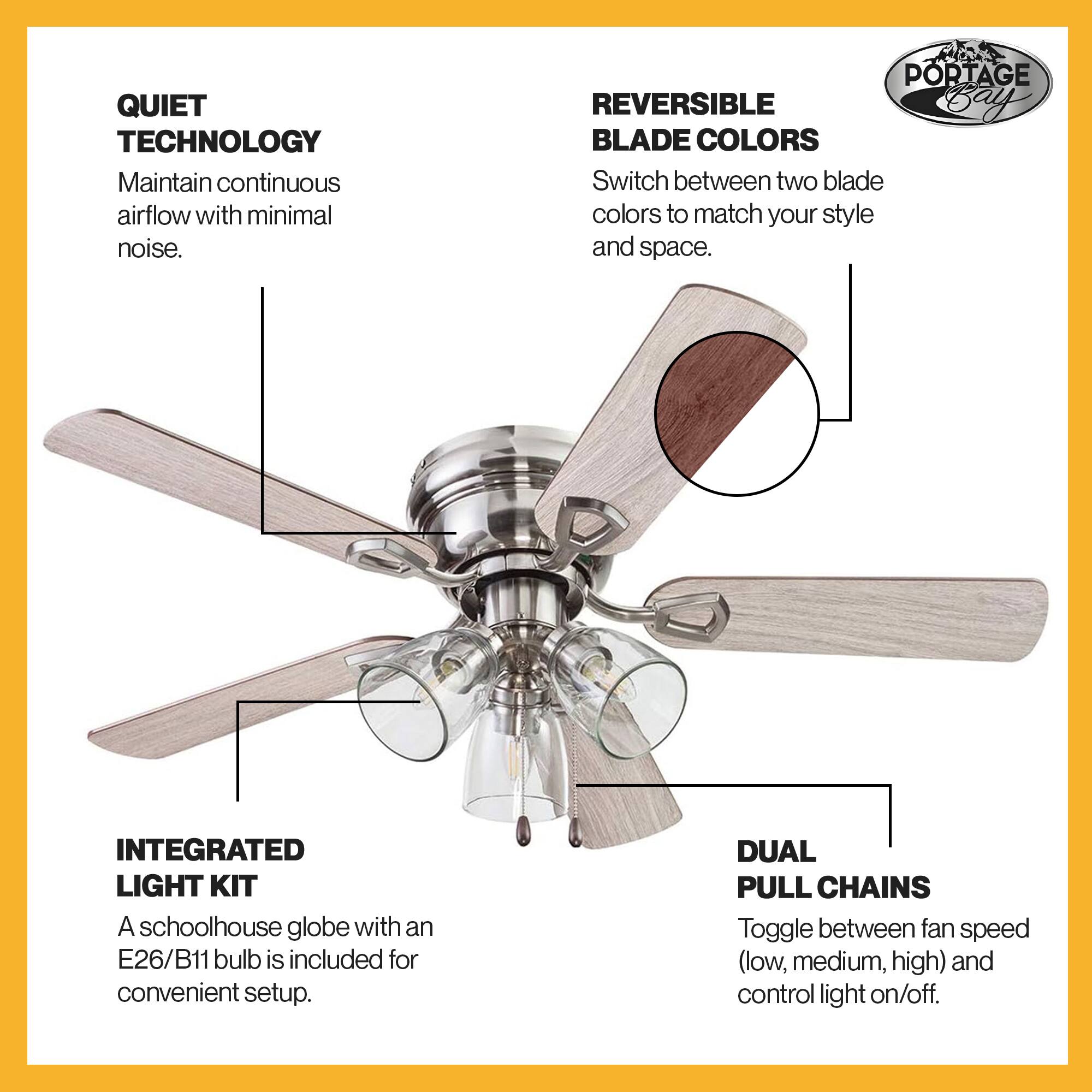 QUIET TECHNOLOGY  
Maintain continuous airflow with minimal noise.  

PORTAGE REVERSIBLE  
Bay BLADE COLORS  
Switch between two blade colors to match your style and space.  

INTEGRATED LIGHT KIT  
A schoolhouse globe with an E26/B11 bulb is included for convenient setup.  

DUAL PULL CHAINS  
Toggle between fan speed (low, medium, high) and control light on/off.
