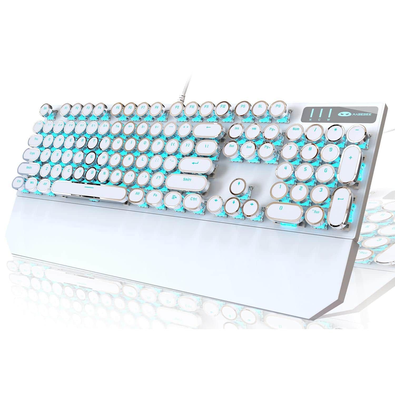 Cedar Assembly - Typewriter Style Mechanical Gaming White Retro Punk With Blue Backlit Wired Cute Keyboards Round Keycaps For - white(round keycaps)