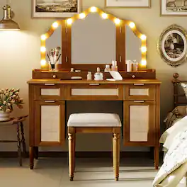 Loheer - Makeup Vanity Desk with Stool, Tri-Fold Mirror and 13 Bulb Hollywood Lighting - Espresso