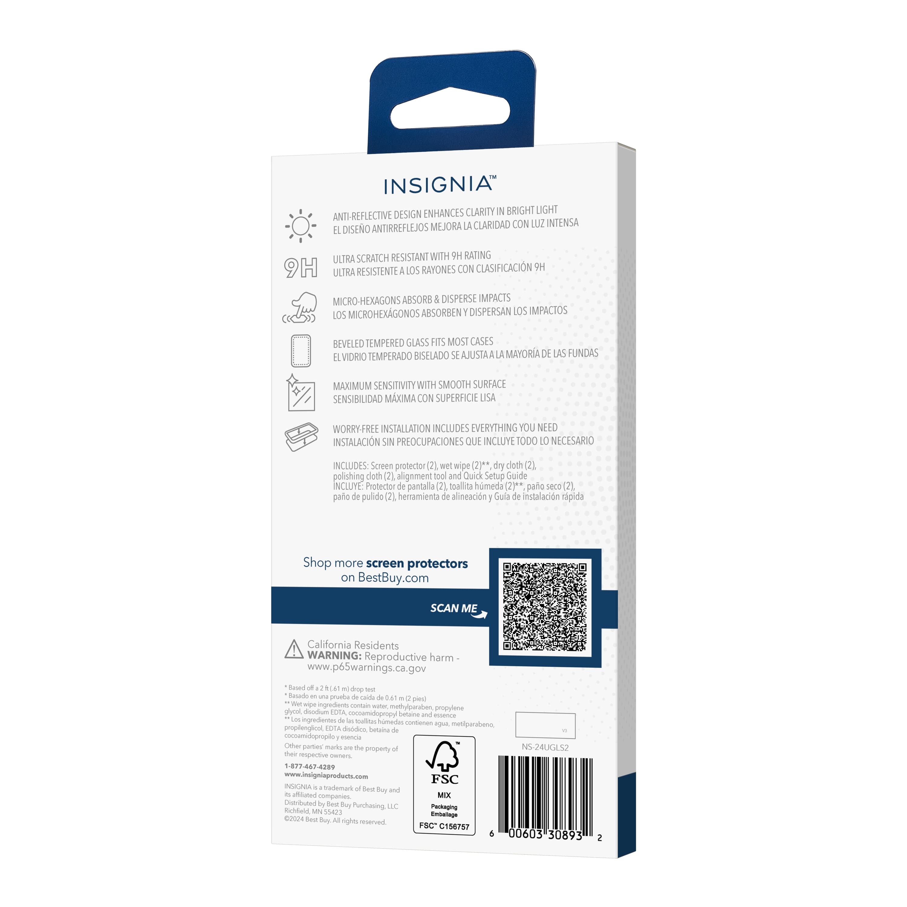 The image features a blue box with the word "Insignia" written on it. The box contains a screen protector for a cell phone, which is designed to enhance clarity in bright light and provide anti-glare properties. The screen protector is ultra scratch resistant with a rating of 9H, and it is made with micro-hexagons that absorb and disperse impacts. The box also includes a polishing cloth, an alignment tool, and a Quick Setup Guide for worry-free installation. The box is labeled with a barcode, and the product is available for purchase at BestBuy.com.