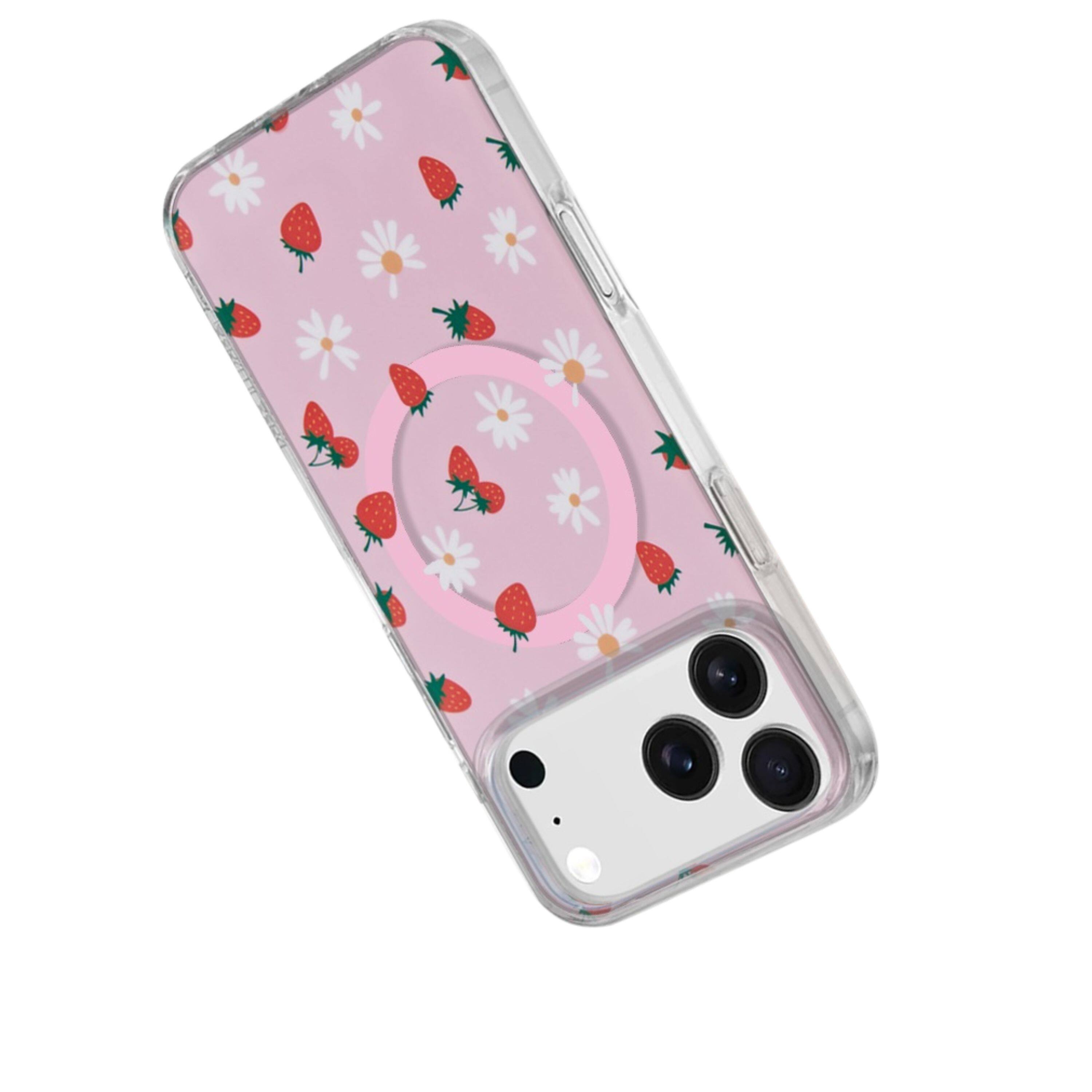 Angle. Kitcheniva - IMD Dual Layer Magnetic Circle Cover Phone Case With Tempered Glass For iPhone 17 Pro Max Strawberry - Red And Pink.