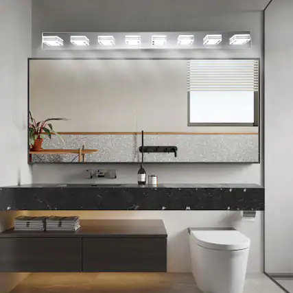 Front. LUCKY ONE - 52in Wall Mount LED Vanity Light, 8-Light Chrome Fixture with Square Acrylic Shades for Bathroom - Chrome.