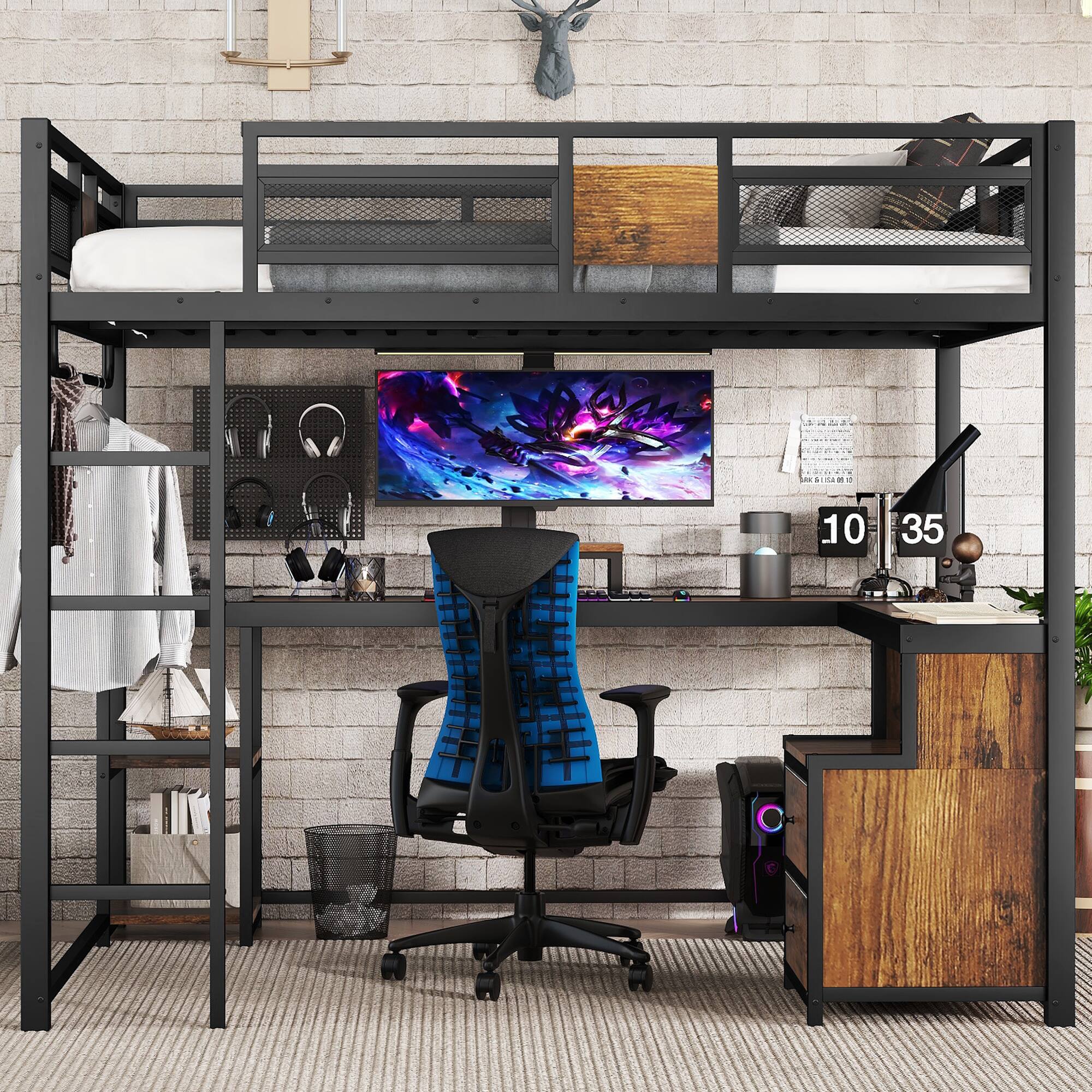 Angle. Anysun - Queen Loft Bed w/ Desk, Fabric Drawers, Metal Frame, Ladders, Noise-Free, No Box Spring Needed - Black.