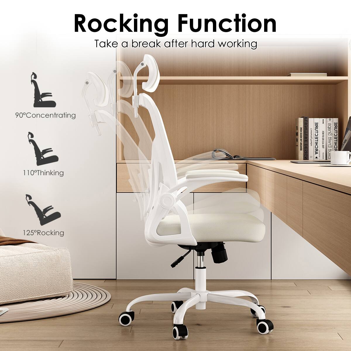 Rocking Function  
Take a break after hard working  

90° Concentrating  
110° Thinking  
125° Rocking