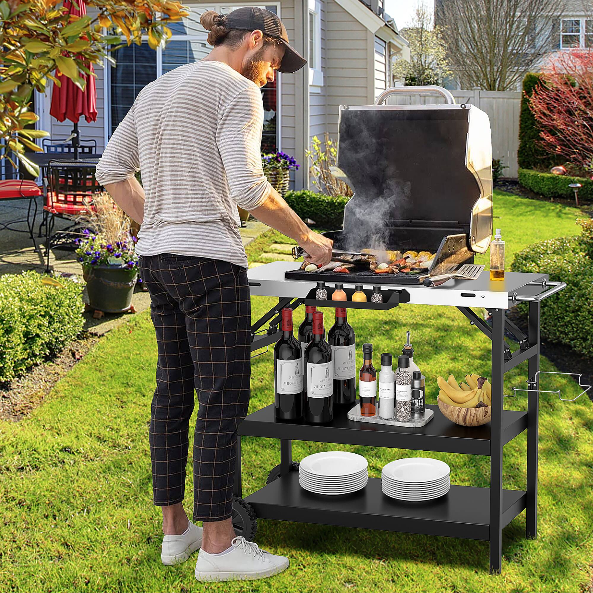 Alt View 3. Gymax - Gymax 3-Shelf Movable Grill Cart Table Home & Outdoor Multifunctional Stainless Steel - Black + Sliver.