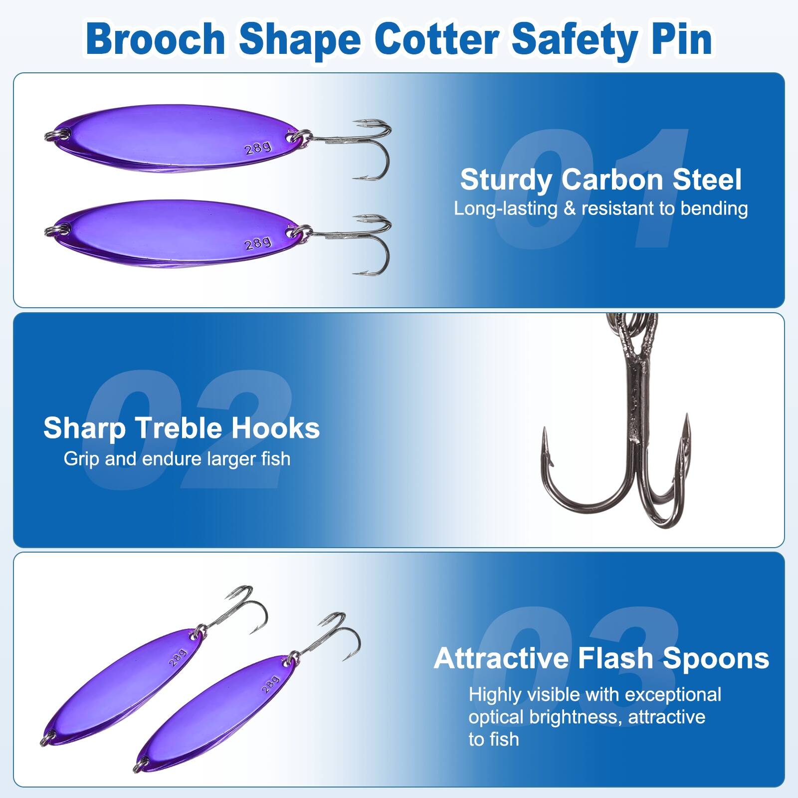 Brooch Shape Cotter Safety Pin

Sturdy Carbon Steel
Long-lasting & resistant to bending

Sharp Treble Hooks
Grip and endure larger fish

Attractive Flash Spoons
Highly visible with exceptional optical brightness, attractive to fish