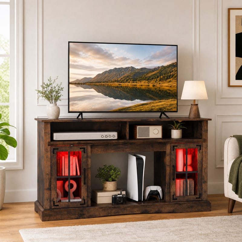 WELLFOR - TV Stand for 50" TV with Remote Control, LED Entertainment Center with Glass Door Media Console Cabinet - Rustic Brown
