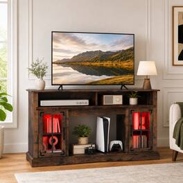 WELLFOR - TV Stand for 50" TV with Remote Control, LED Entertainment Center with Glass Door Media Console Cabinet - Rustic Brown