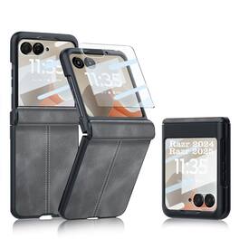 Dteck - Case for Motorola Razr Ultra 2026/2025 Shockproof PU Leather Hinge Protection Cover Built-in Front Screen Protector - Black
