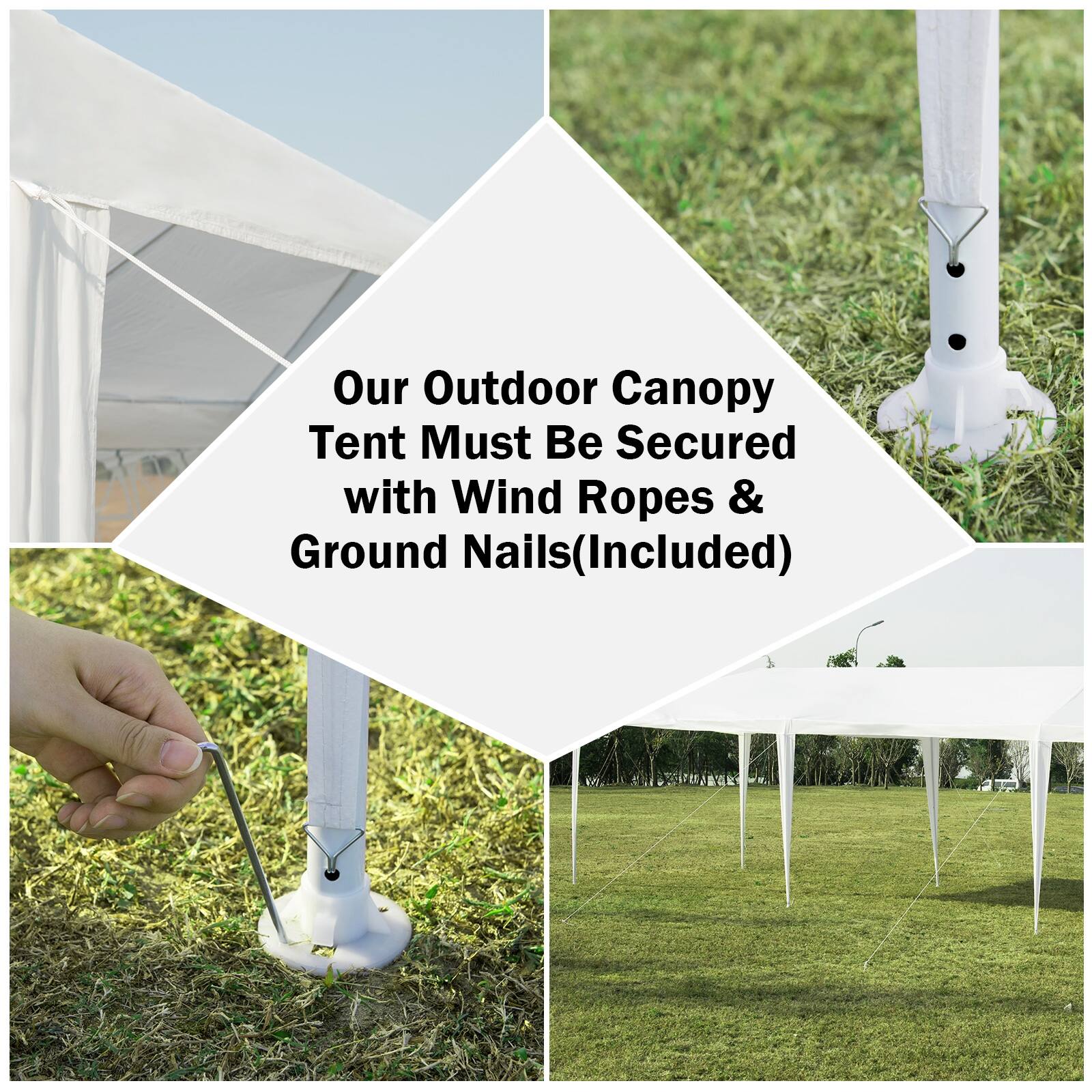 Our Outdoor Canopy Tent Must Be Secured with Wind Ropes & Ground Nails (Included)