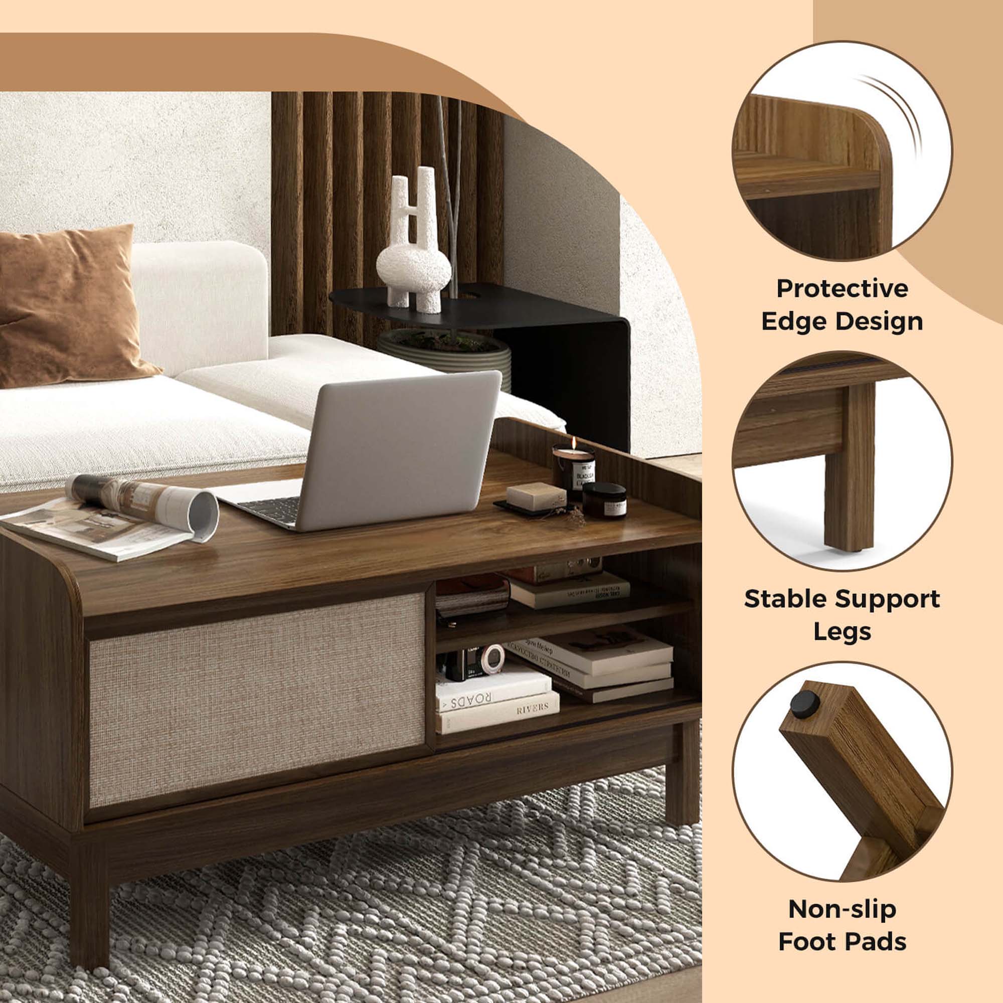 The text on the image reads: Protective Edge Design n_ ARVE ta 1O CHOO ROADS MITERS Stable Support Legs Non-slip Foot Pads.