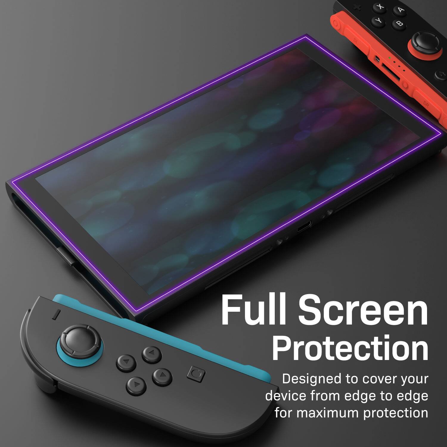 The text on the image reads:

"Full Screen Protection
Designed to cover your device from edge to edge for maximum protection"