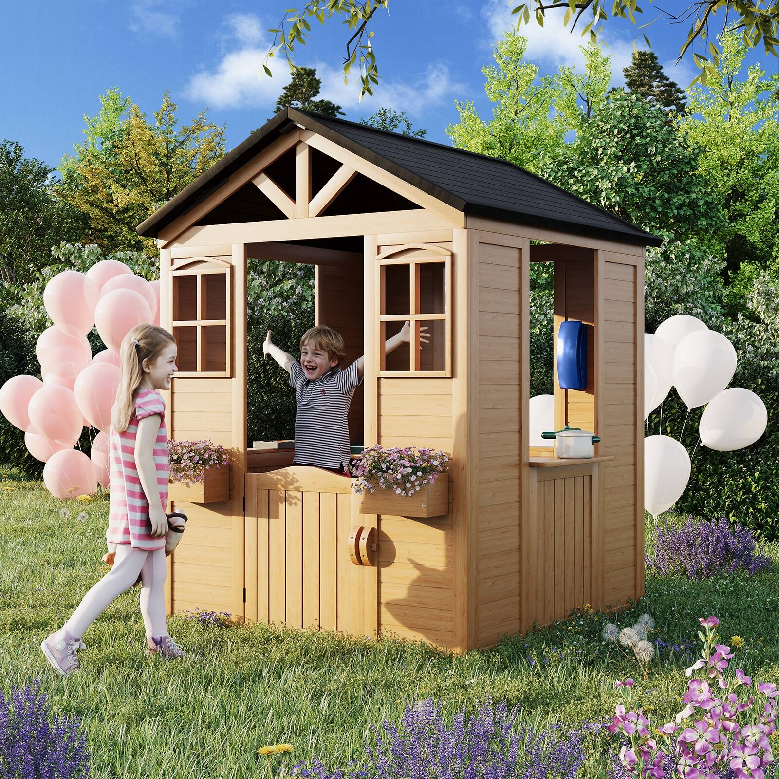 Angle. U-HOMY - Wooden Playhouse for Kids with Door & Windows - Wood.