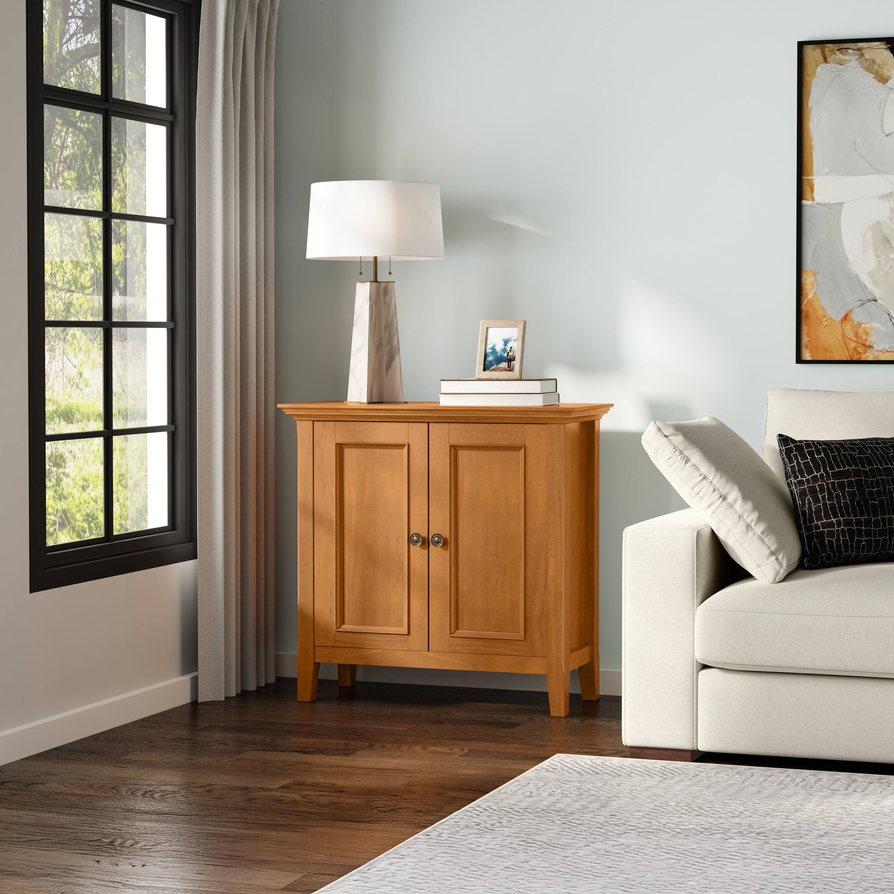 Left. Simpli Home - Simpli Home Amherst 32 inch Wide Solid Wood Transitional Low Storage Cabinet in Light Golden Brown - Light Golden Brown.