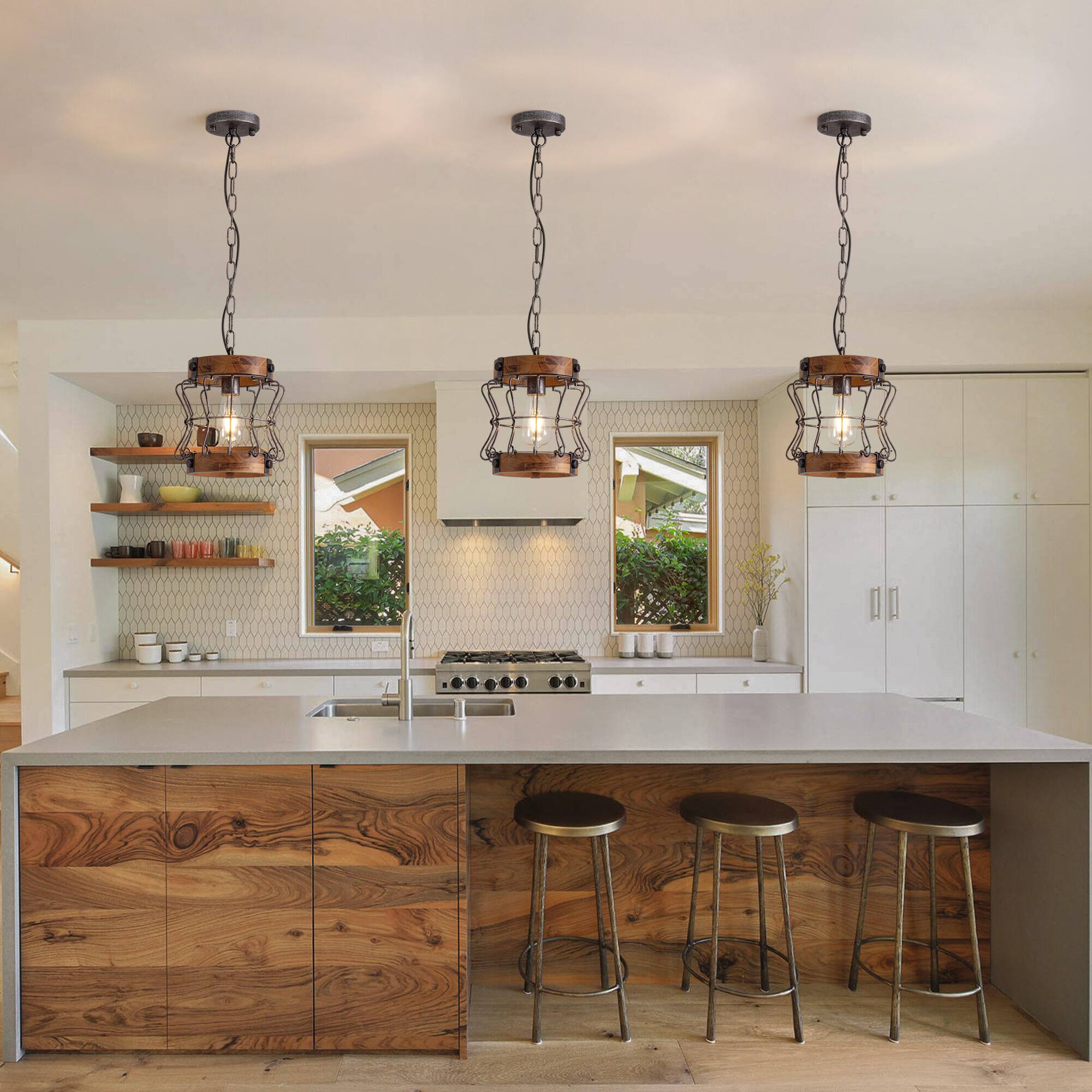 Alt View 5. Siljoy - 60W 1-Light Black Farmhouse Wood Kitchen Island Pendant Light with Burnt Wood Texture, 39 Inch Adjustable Chain - Black.