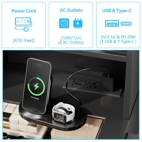 Power Cord AC Outlets USB & Type-C [4.92-Feet] [120V/12A] (2 AC Outlets) 5V/2.1A & PD 20W (1 USB & 1 Type-C) 75% Charged 7:29 LA