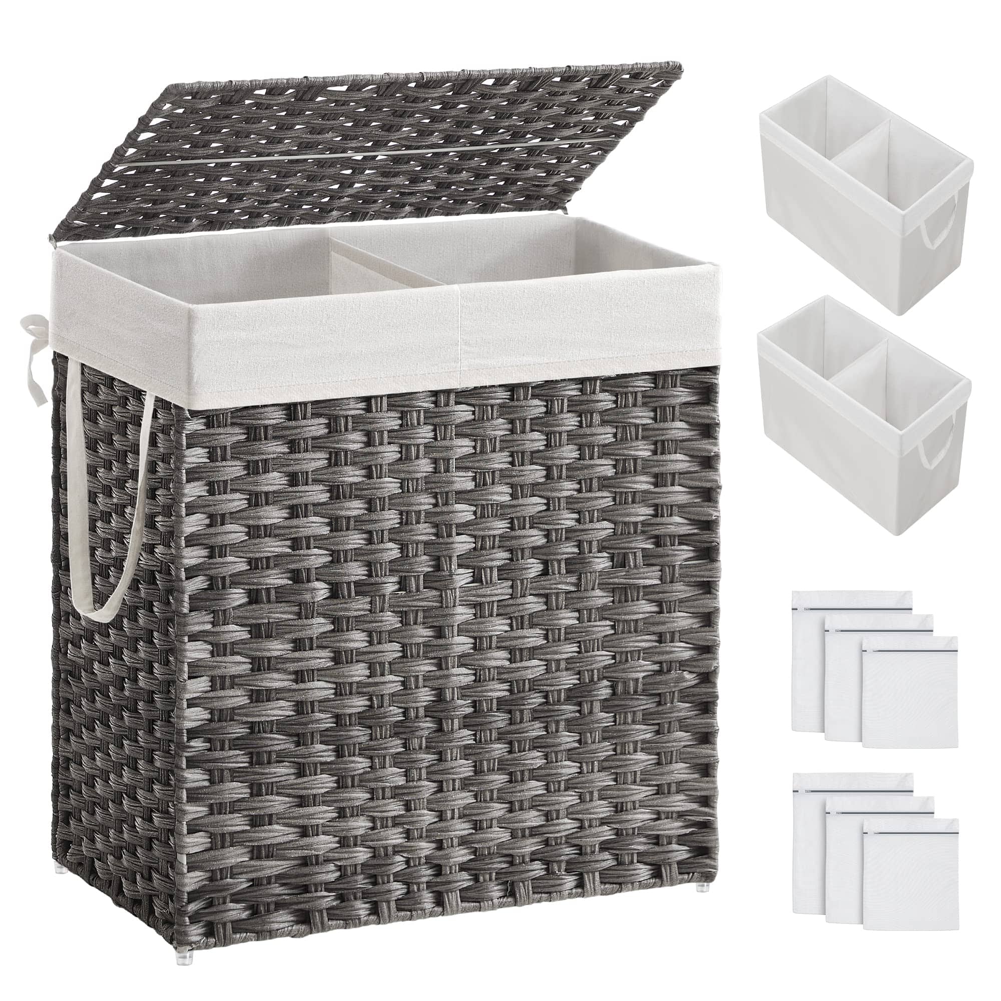 DORLUKFU - Laundry Hamper with Lid, 110L Clothes Hamper with 2 Removable Liner Bags, 6 Mesh Bags, Wicker Laundry Basket, Double - Gray