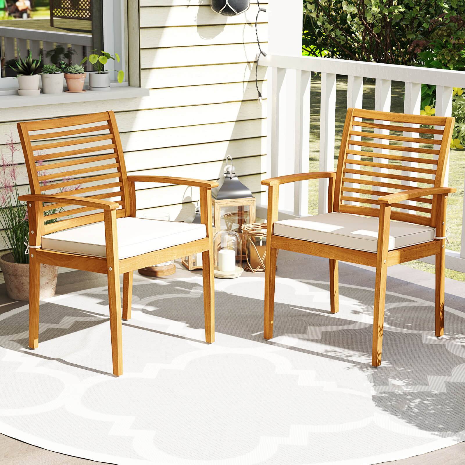 Alt View 1. Costway - Costway Patio Dining Chairs Set of 2with Removable Padded Cushion Slatted Backrest - Natural,White.