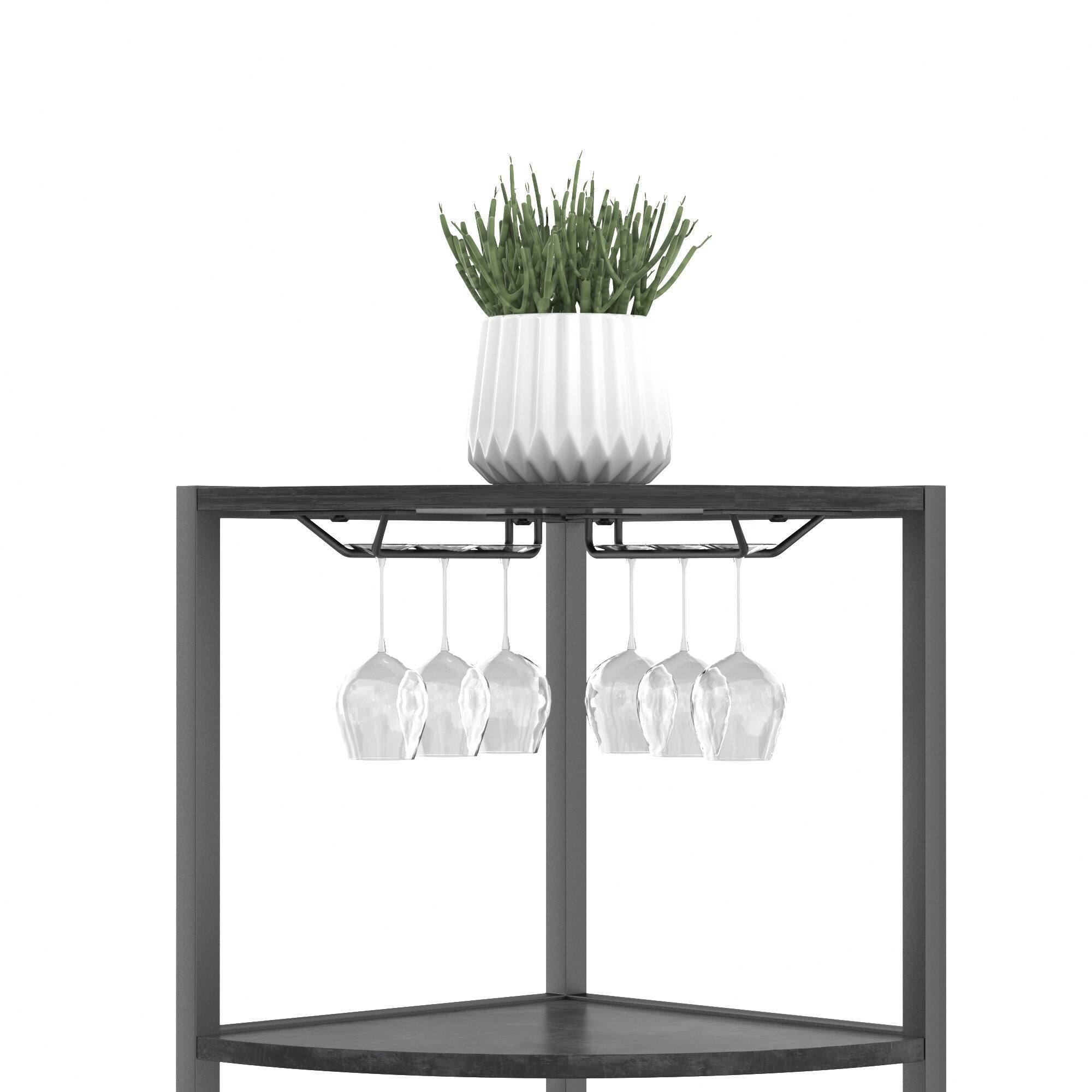 Back. Vecelo - Triangle Corner Shelf With Socket&Light, 4-Tier Corner Storage Unit & Glass Holders for Living Room & Bedroom - Gray.