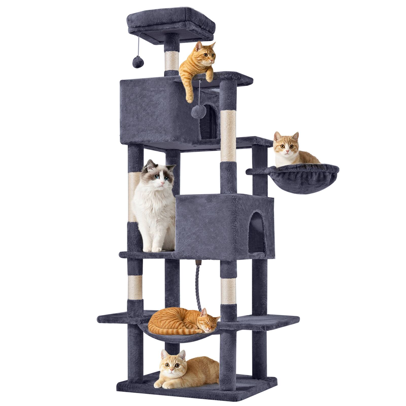 Angle. AENKYO - 66" Cat Tree Tower Pet House Large Multi-Cat Climbing Extended Platform with Hammock - Dark Gray.