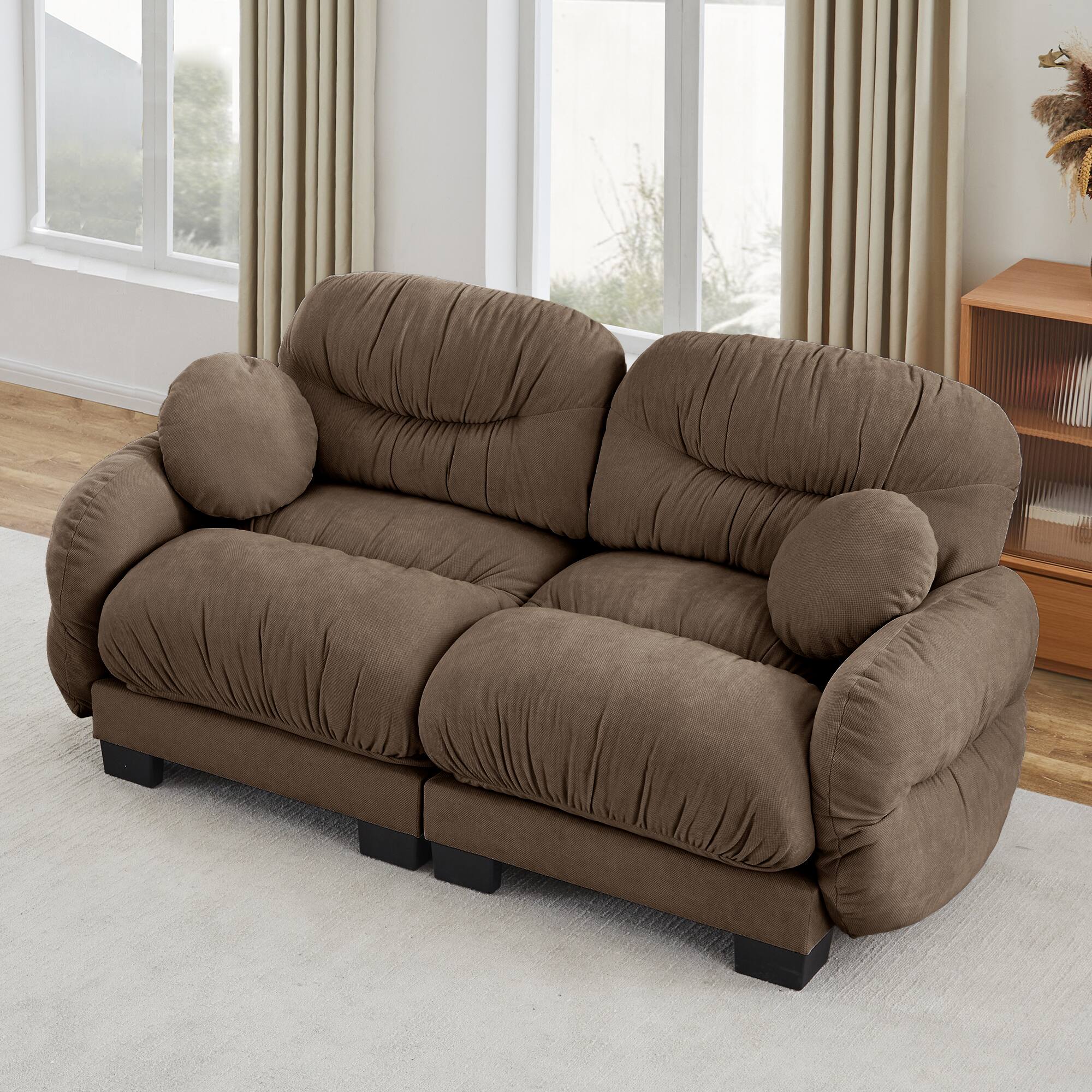 Angle. Anysun - 2-Seater Modular Sofa with Chenille Fabric, High-Density Foam & Curved Armrests, Pleated Design for Living Room - Brown.