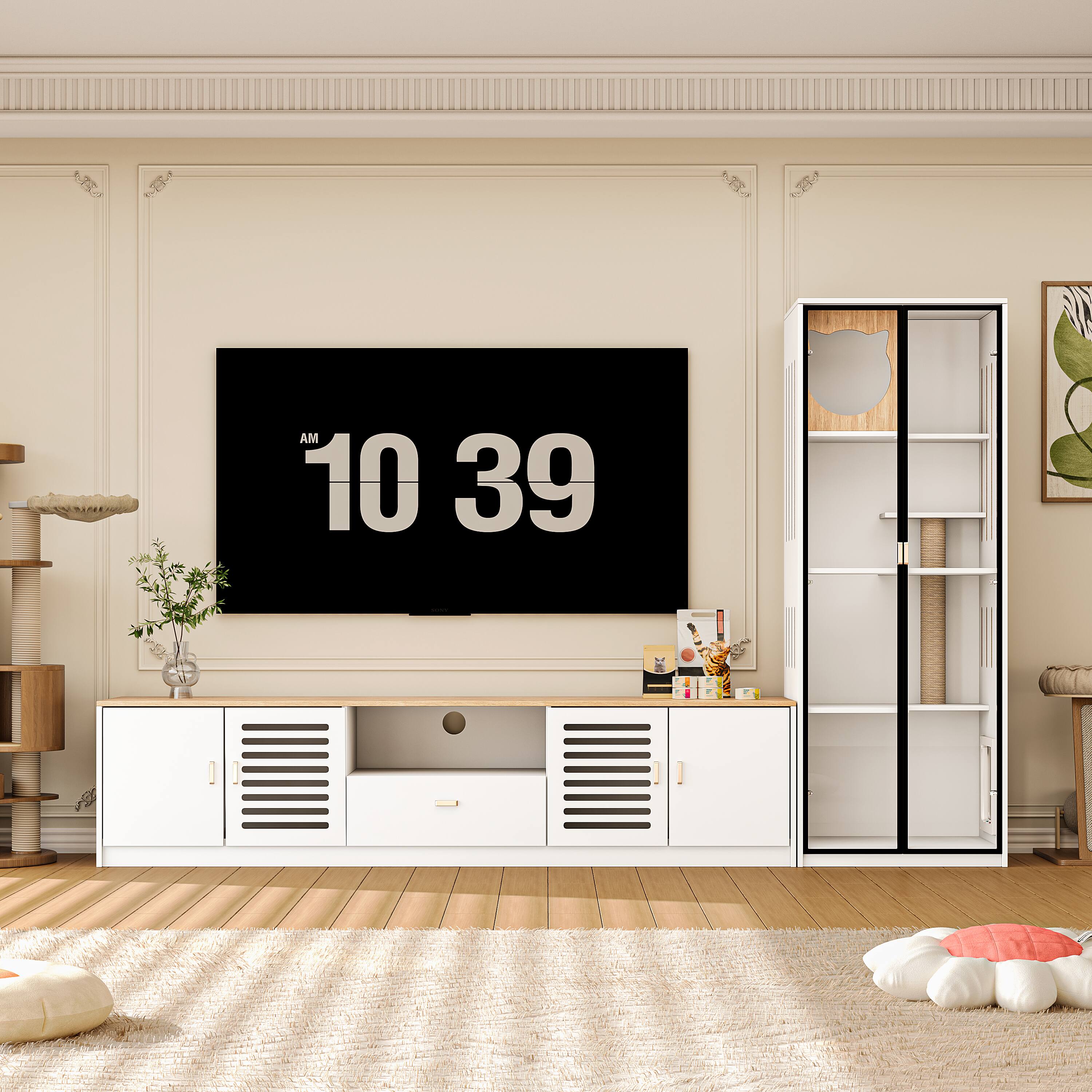 Alt View 1. MSOOB - 98.4" Entertainment Center Hidden Cat Litter Box Enclosure for 85" TV, Included TV Stand and Glass Cabinet Cat House - White.