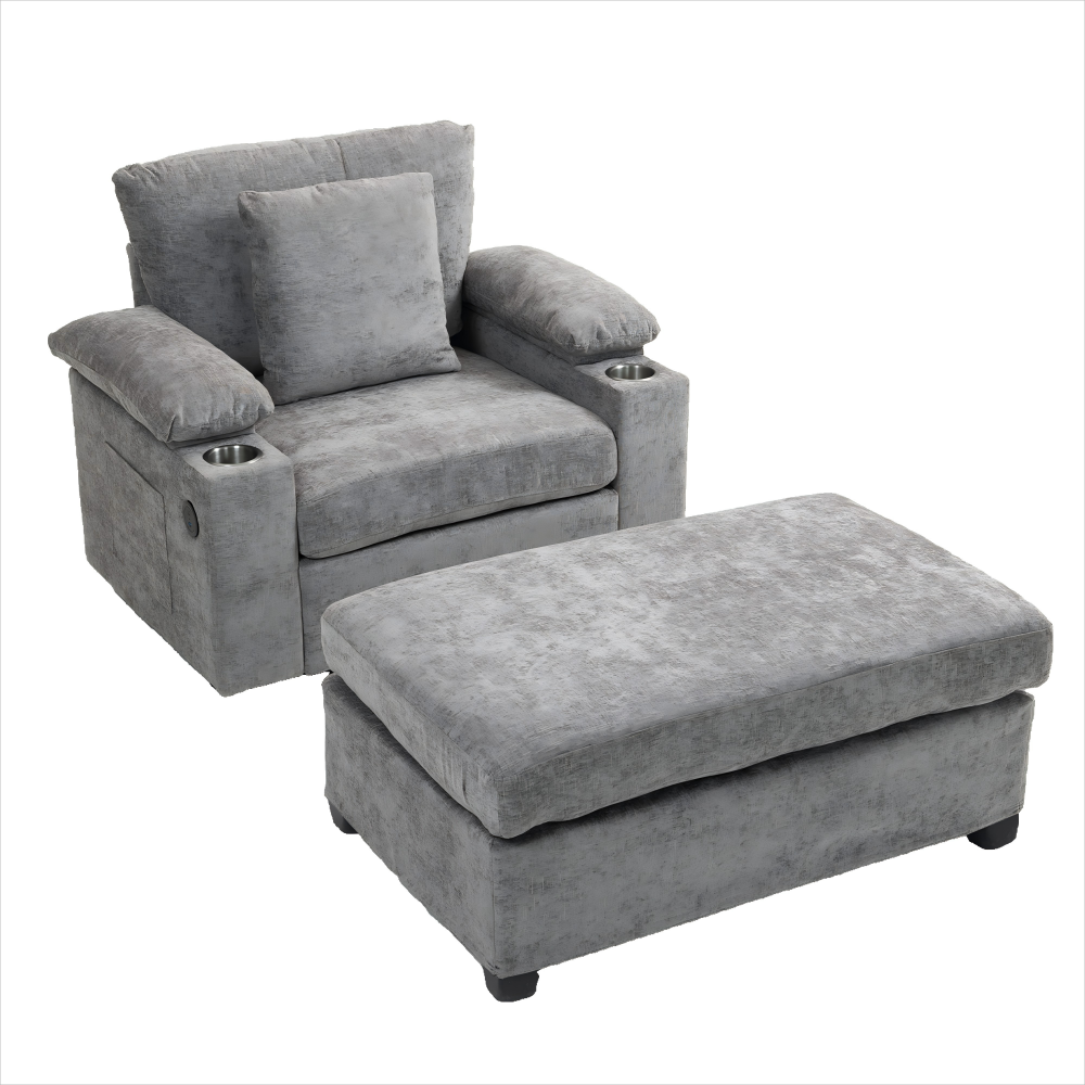 Alt View 5. Ecooso - Oversized Chair with Ottoman, Chenille Fabric Sofa Bed, Accent Chair with Cupholders and USB Charging Ports - Grey.