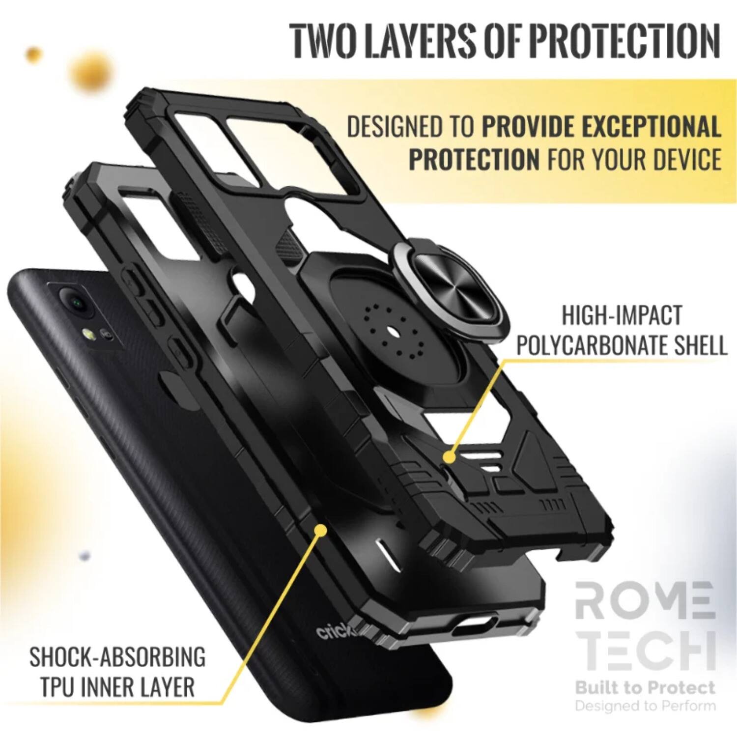 TWO LAYERS OF PROTECTION  
DESIGNED TO PROVIDE EXCEPTIONAL PROTECTION FOR YOUR DEVICE  

HIGH-IMPACT POLYCARBONATE SHELL  
SHOCK-ABSORBING TPU INNER LAYER  

ROME TECH  
Built to Protect  
Designed to Perform