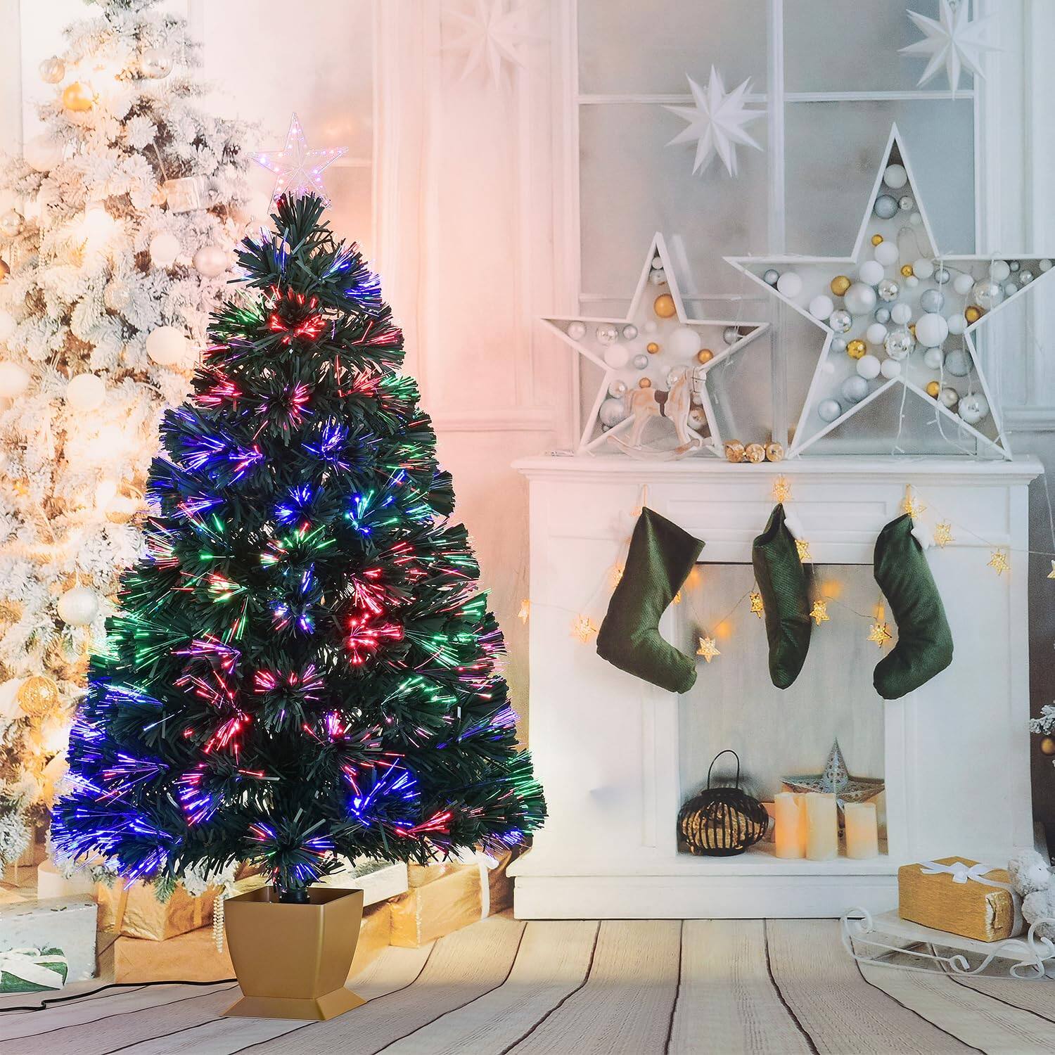 Alt View 2. Alchemy Casas - Green Fiber Optic Christmas Tree Pre-lit Artificial Mini Tabletop Small Xmas Stars Holiday Home Decorations - Pink.