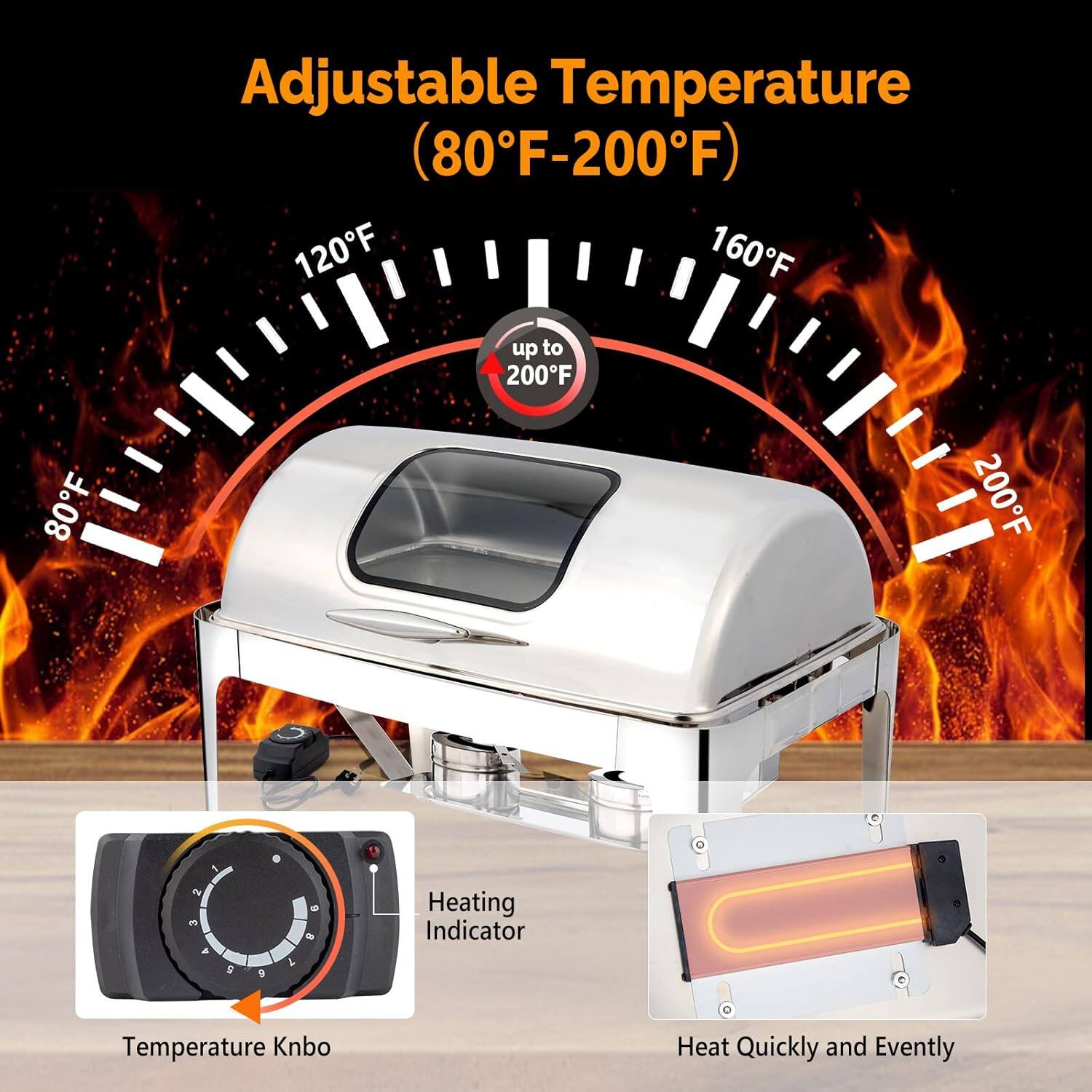 Adjustable Temperature (80°F-200°F)  
120°F 160°F up to 200°F 80°F 200°F  
e P 5 a 1  
Heating Indicator  
Temperature Knob  
Heat Quickly and Evenly