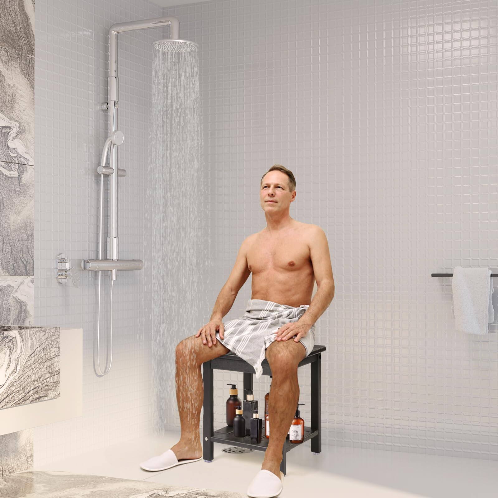 Left. JETRANSPORT - Shower Chair Hdpe Bench For Inside To Sit On It Stool With Storage Shelf 2-tier Spa Water Resistant & - Teak L size.