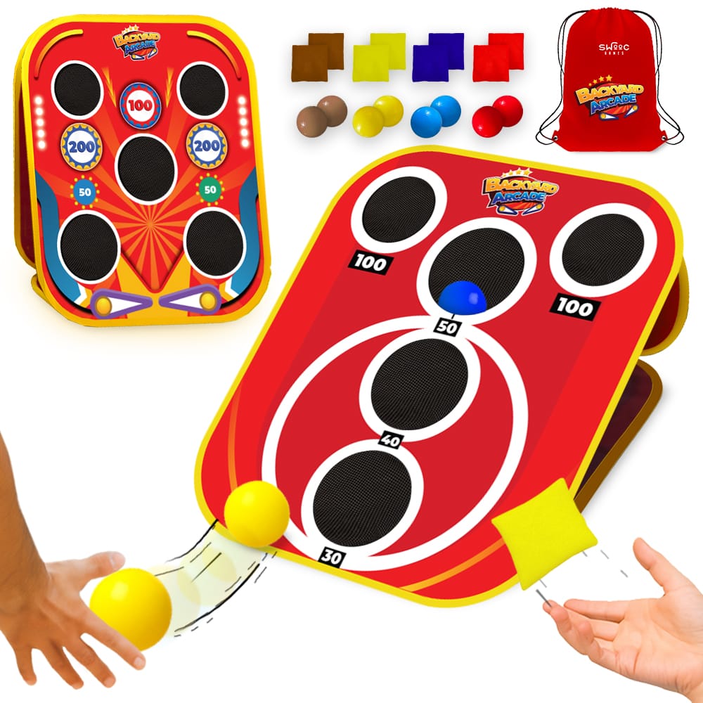 Swooc Games - Backyard Arcade - 2-in-1 Bean Bag Toss Game for Kids w/ Carry Bag - 5-Second Setup & Storage - Carnival Games for Kids - Red