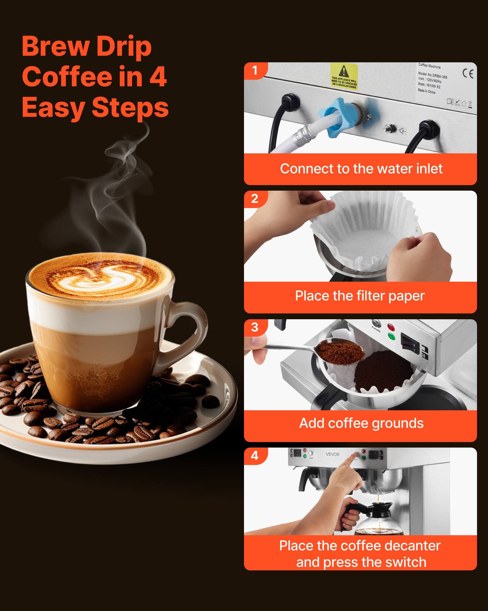 Brew Drip Coffee in 4 Easy Steps

1. Connect to the water inlet
2. Place the filter paper
3. Add coffee grounds
4. Place the coffee decanter and press the switch