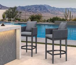 PURPLE LEAF - Outdoor Bar Height Stool Set of 2 Aluminum Modern Olefin Barstools with Backrest Pillow for Garden Balcony Lawn - Grey & Square Base-Bar Stool