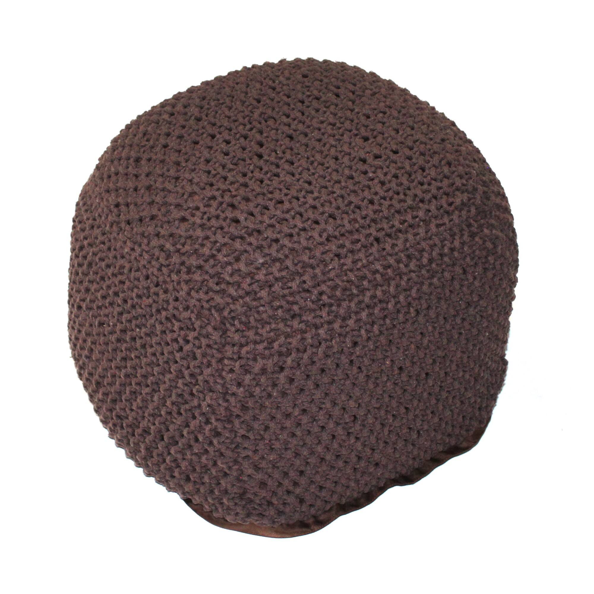 Back. GOODSILO - Handmade Cable Knit Semi-Round Pouf Footrest for Living Room or Bedroom, Soft Cotton Accent Seating - Brown.