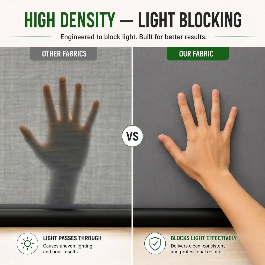 HIGH DENSITY - LIGHT BLOCKING  
Engineered to block light. Built for better results.

OTHER FABRICS  
LIGHT PASSES THROUGH  
Causes uneven lighting and poor results

VS

OUR FABRIC  
BLOCKS LIGHT EFFECTIVELY  
Delivers clean, consistent and professional results